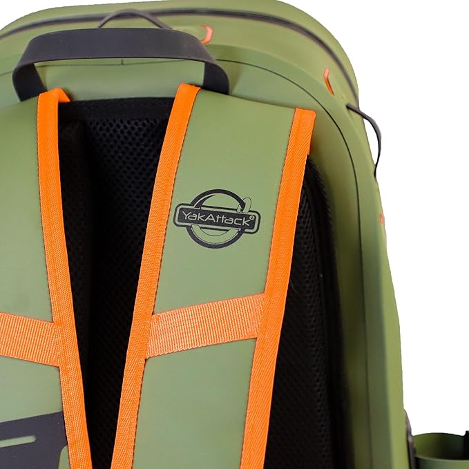 YakAttack 28L DryPak Waterproof Backpack with 2 Attachable Fishing Rod Holders – Green/Orange | Floating Marine Dry Bag Pack with Padded Straps | Lightweight Hiking & Kayaking Gear & Storage Drybag