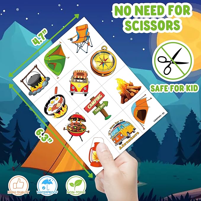 96PCS Camping Camp Camper Campfire Pre-Cut Temporary Tattoos for Kids | Super Cute Themed Birthday Party Favors, Supplies, Decorations, Fake Tattoo Stickers (multiple)