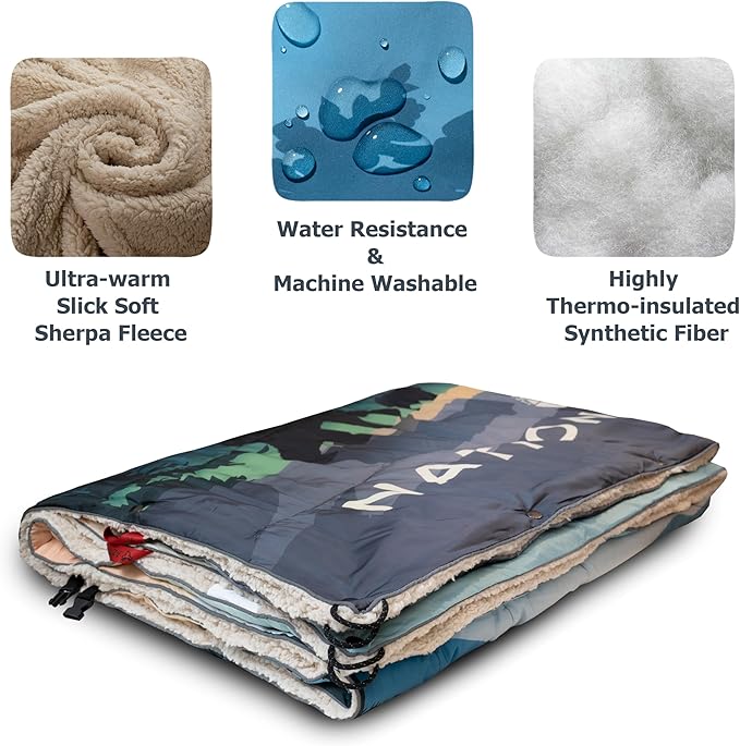 Sherpa Puffy Outdoor Camping Blanket for Traveling, Picnics, Beach, Concert, Car, Stadium, Sporting Events - Wearable Warm Waterproof - 55 X 78 (Great Smoky Mountains NP)