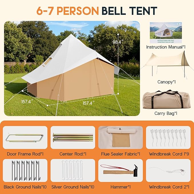 SPECRAFT Canvas Bell Yurt Tents & Inflatable Tent for Camping, Waterproof Glamping Tent with Stove Jack, Breathable Mesh, Snowproofing Spacious 4-Season Family Shelter for Outdoor, Camping, Parties