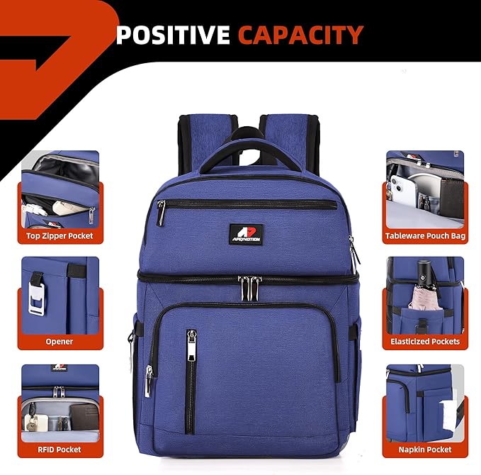 COOLJOB Insulated Cooler Backpack for Men Women, Leakproof Lunch Bag with Waterproof Liner, Double Roomy Deck, RFID, Blue