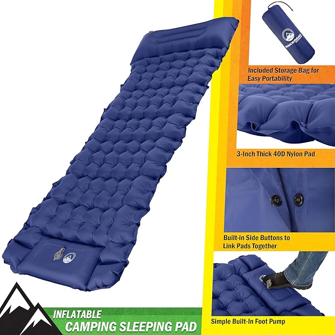 Sleeping Pad for Camping - Inflatable Mat with Built-in Foot Pump - Waterproof Camp Mattress - Camping Gear Must Haves by Wakeman Outdoors (Blue)