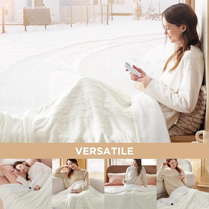 Bedsure Heated Blanket Throw Blanket - Fast Heating Electric Blanket, Soft Flannel Heated Throw with 4 Time Settings, 6 Heating Settings, Warm Gifts for Grandma (50x60 inches, Ivory)