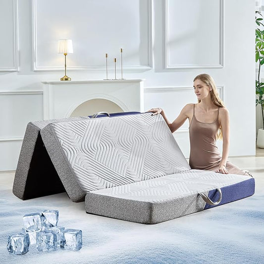 Cooling Foldable Mattress, 4 Inch Memory Foam Mattress/Topper With Cold Breathable Effect, Trifold Mattress For Murphy Bed, Portable Folding Floor Bed For Guest, Camping, Travel, Yoga- Single