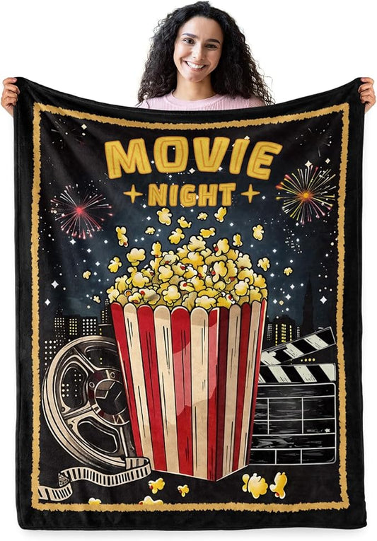 Movie Night Popcorn Theater Blanket, Movie Lover Gifts, Soft Blanket for Movie Theater Room Decor, Cozy Throw Blankets Christmas Birthday Gifts for Adults Toddles Teens Couch Bed 60" X 50"