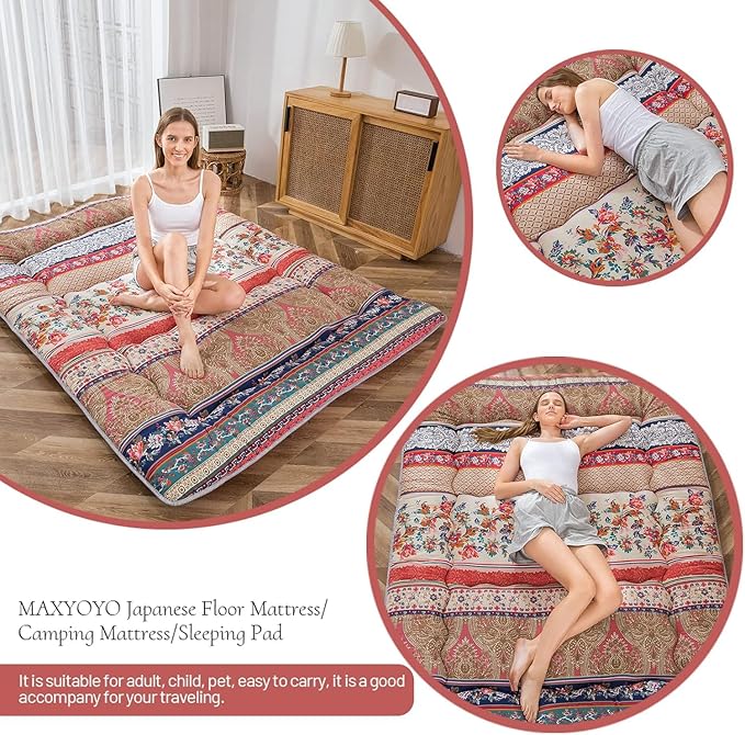 MAXYOYO Bohemian Retro Floor Mattress Vintage Floral Japanese Futon Mattress Roll Up Thicken Sleeping Bed Portable Camping Mattress Floor Lounger Couch Bed Mattress Pad, King Size