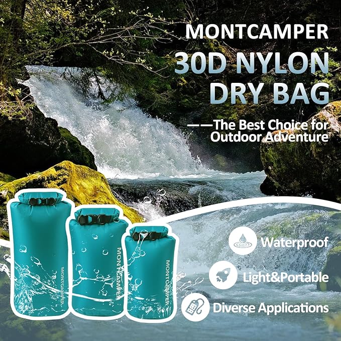 Waterproof Dry Bag Set (5L+10L+20L) – 30D Nylon Roll Top Dry Sacks with DWR & PU Coating, Lightweight Storage for Kayaking, Camping, Hiking, Fishing & Beach (Turquoise Blue)