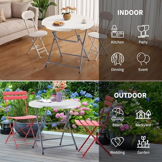 BOOSDEN 32'' Foldable Round Table, Portable Plastic Folding Card Table, Indoor Outdoor Utility Circle Folding Table for Party, Event, Camping, Picnic, Banquet, Beach, BBQ, Dining, Backyard