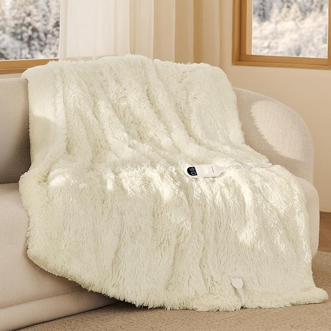 Bedsure Faux Fur Heated Blanket Throw Blanket, Fast Heating Fluffy Electric Blanket, Heated Throw with 4 Time Settings & 6 Heating Settings, Cozy Gifts for Women Men(50x60 inches, Cream)