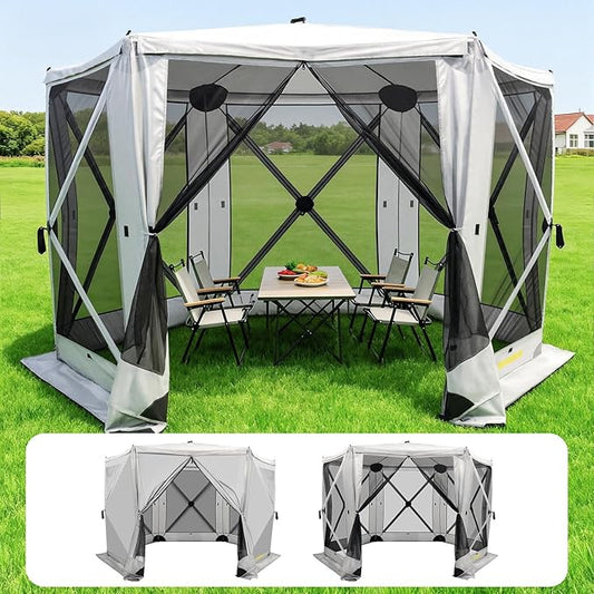 6 Sided Pop Up Gazebo Tent, Outdoor Gazebo with 6 Removable Wind Cloths, Pop-Up Canopy Shelter with Mesh Windows, Quick Set, 12x12 Feet Space, Camping Screen Tent for 8-12 Person Foldable