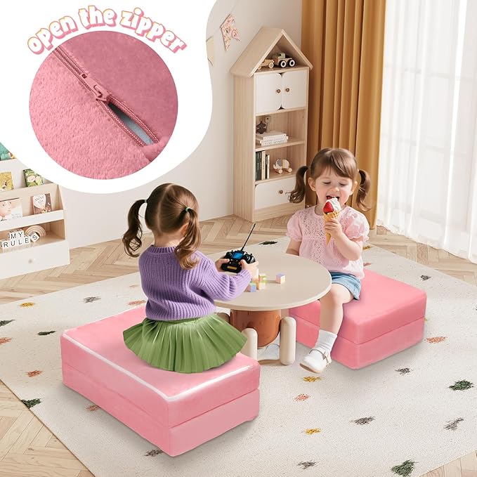 MeMoreCool Kids Folding Mattress, Trifold Mat Foldable Floor Mattress with Washable Cover and Carry Bag, Portable Foam Floor Mat for Kids, Daycare, Sleepover, Camping and Travel, Pink