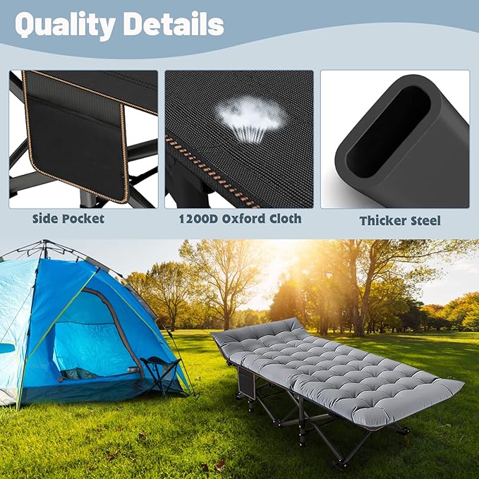 Slsy Folding Camping Cot for Adults with Pad, Padded Portable Sleeping Cots, Camp Bed with Carry Bag for Outdoor Travel, Beach, Hiking