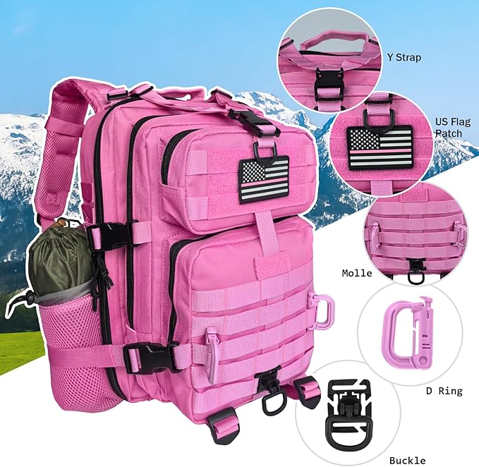30L MOLLE Assault Pack, Tactical Backpack Military Army Camping Rucksack with Bottle Holder, 3-Day Pack, Pink