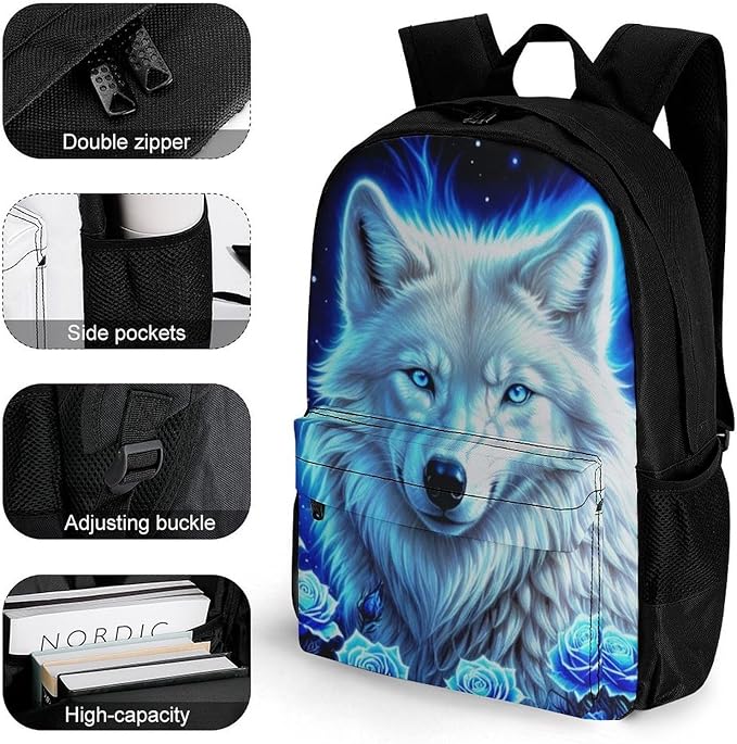 Daypack Backpack Polyester Anti-Theft Multipurpose White Galaxy Wolf With Blue Rose Bookbag Big Capacity Travel Hiking Camping Rucksack With Smooth Zippers