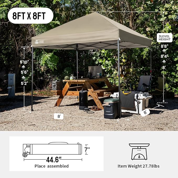 CROWN SHADES 8x8 Pop Up Canopy - Patented Center Lock One Push Instant Outdoor Canopy Beach Tent with STO-N-Go Bag 8 Stakes & 4 Sand Bags，Beige