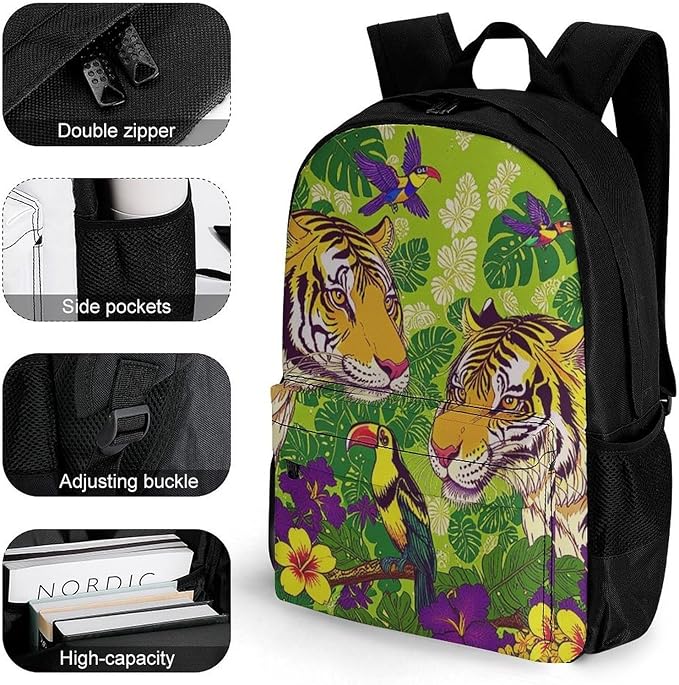 Supdreamc Daypack Backpack Polyester Anti-Theft Multipurpose Tropical Floral Wild Animals Tigers Parrot Green Bookbag Big Capacity Travel Hiking Camping Rucksack With Smooth Zippers