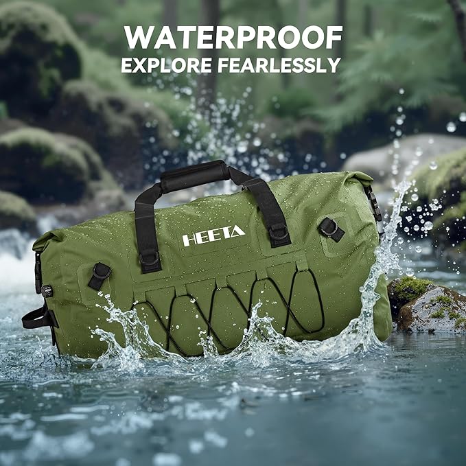 HEETA Waterproof Duffel Bag Motorcycle Dry Bag (Green 60L) Bundled with Self Inflating Sleeping Pad with Electric Pump, 4" Ultra Thick Memory Foam Camping Mattress