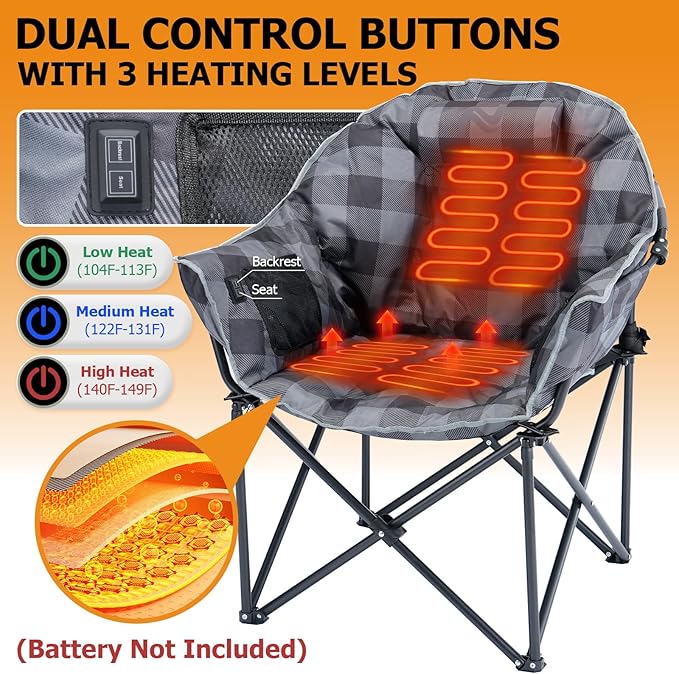 LILYPELLE Oversized Heated Camping Chair, Patio Lounge Chairs with 3 Heat Levels, Portable Folding Heated Chair Round Moon Saucer Folding Lawn Chair Outdoor Chair for Camping, Lounge Patio
