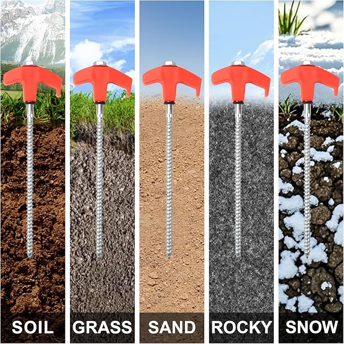 4 Pcs Tent Stakes Heavy Duty, 8 inch Ground Anchors Screw in, Screw in Tent Stakes, Camping Stakes with Storage Box, Threaded Tent Spikes with Hex Head Driver and Stake Puller, Ground Stakes