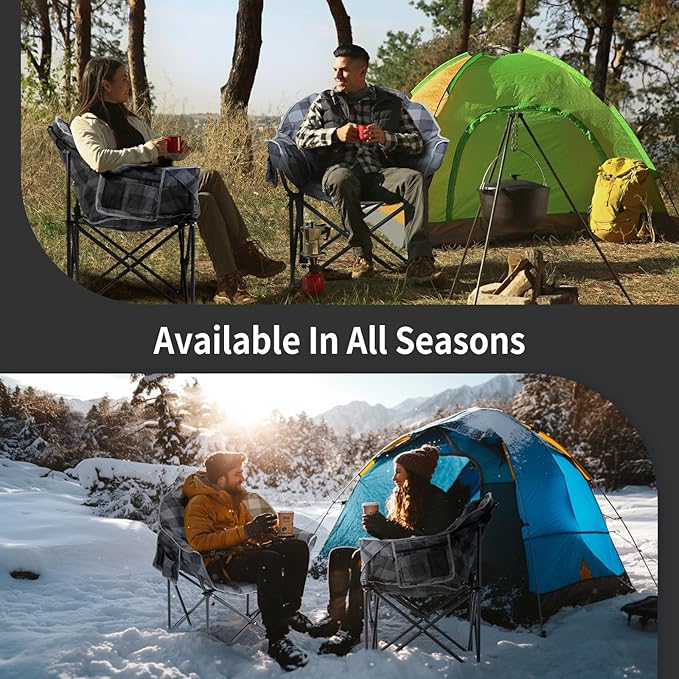Oversized Heated Camping Chair, 3 Heating Levels Portable Folding Camp Chairs with Pillow and Storage Bag, Outdoor Heated Moon Chair for Camping Lawn Patio Beach and Picnics, Gray Grid