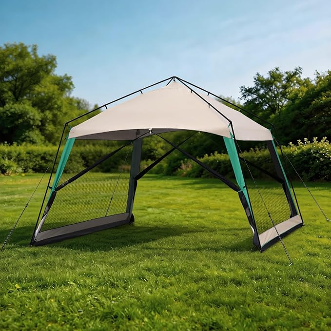 12 x 12 FT Camping Screen Tent for 8-10 Person, Easy Setup Screen House with UV 50+ Sun Protection & Mosquito Net for Camping, Backyard, Picnic, Patio Outdoor Beige & Cyan