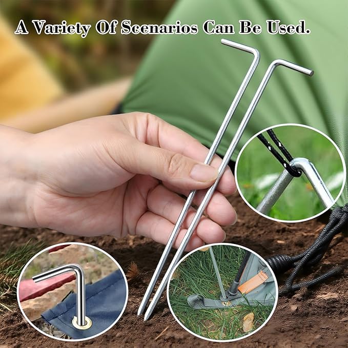 18 Pack 6.5 Inch Metal Tent Stakes Heavy Duty Ground Pegs for Camping, Canopy, Christmas Decorations & Gardening, Outdoor Tent Accessories Camping Essentials