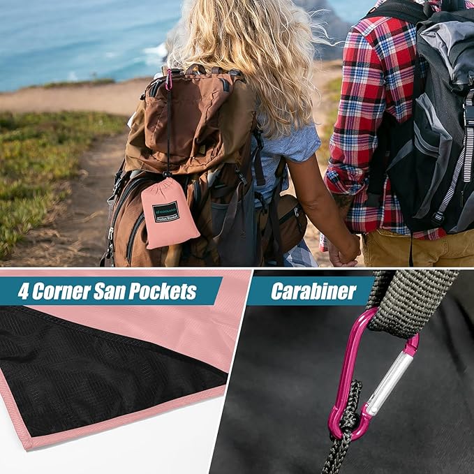 Odoland Pocket Blanket Picnic Blanket, 71" x 63" SandProof Waterproof Outdoor Beach Blanket with Portable Bag, Foldable Lightweight Sand Free Quick Drying Beach Mat for Hiking Camping Travel, Pink