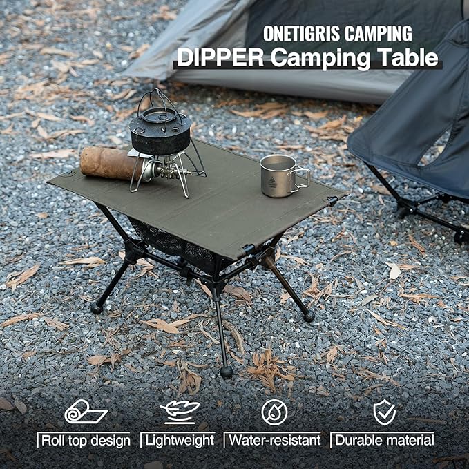 ONETIGRIS Dipper Camping Table, Lightweight Portable Folding Table with Mesh Storage Net, High/Low Options, Ideal for Camping, Hiking, Tailgating, Beach, Picnic, Travel, Backyard