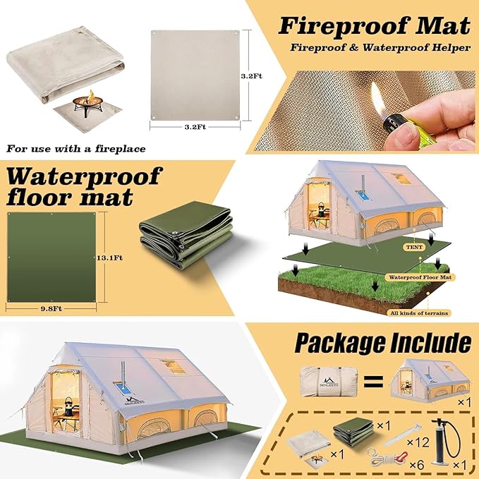Inflatable Camping Tents 8-10 Person,129 Square Feets Large Inflatable Camping Tent with Stove Jack,Blow up Tent with Mesh Windows & Pump
