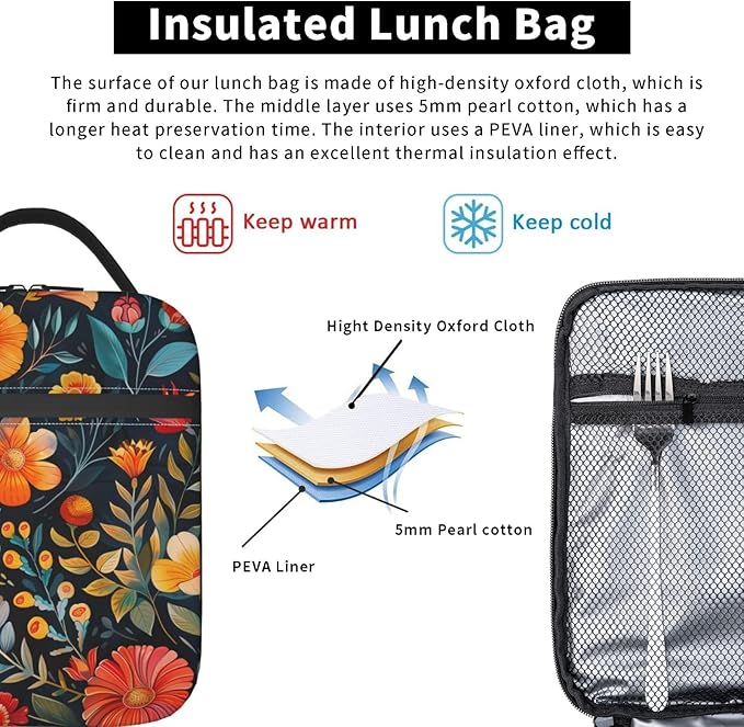 Vintage Floral Insulated Lunch Box for Women Men Retro Colorful Flower Design Lunch Bag for Work,Picnic,Travel,Hiking,Beach or Fishing Polyester Nature Lovers Lunch Box