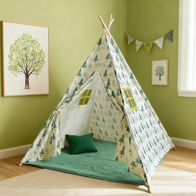 Forest Teepee Tent for Kids Indoor & Outdoor Play Tent Playhouse with Mat&Light, Peach-Skin Fabric, Solid Pine Poles, Nature-Inspired Hideaway Toddler Tents for Boys & Girls,Kids Room Decor Sleepover