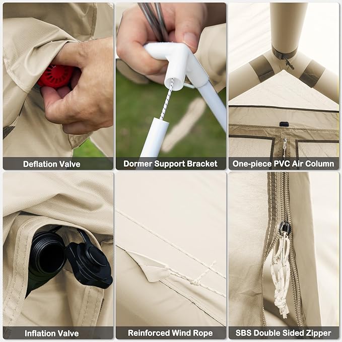 Inflatable Tents with Hand Pump Hot Tent with Stove Jack Easy Blow Up Glamping Tent with Mesh Windows, 4-6 Person Instant Family Camping Tents Waterproof for 4 Seasons