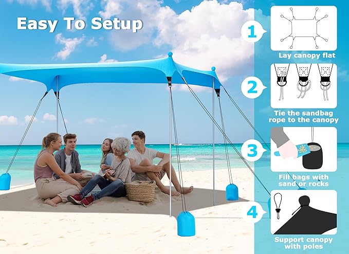 Gorich Beach Tent Sun Shelter with 8 Sandbags, UPF50+ Protection & Windproof Pop Up Beach Canopy Tent Sun Shade for Family, Travel & Camping, Easy Setup Canopy Umbrella