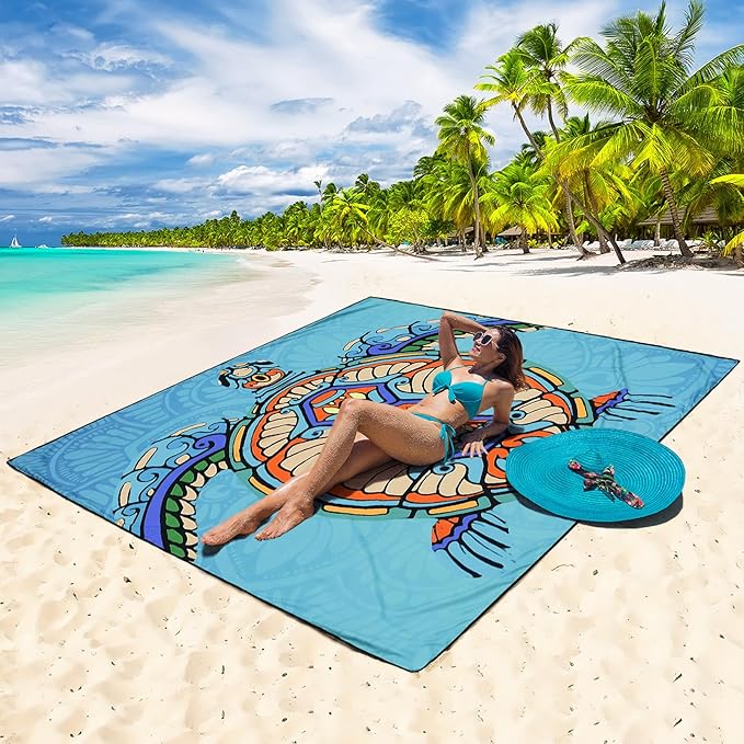 Beach Blanket Waterproof Sandproof Beach Mat 79" X 83"/10'x9'for 2-8 Adults Quick Drying Outdoor Picnic Mat Beach Accessories for Travel, Camping, Hiking