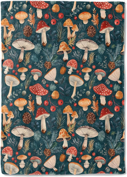 Colorful Mushroom Fleece Blanket - 50x60in Retro Fern Forest Nature Throw Blankets,Soft Cozy Lightweight, Ideal for Living Room Home Rustic Decor and Kids Women Girls Spring Gifts