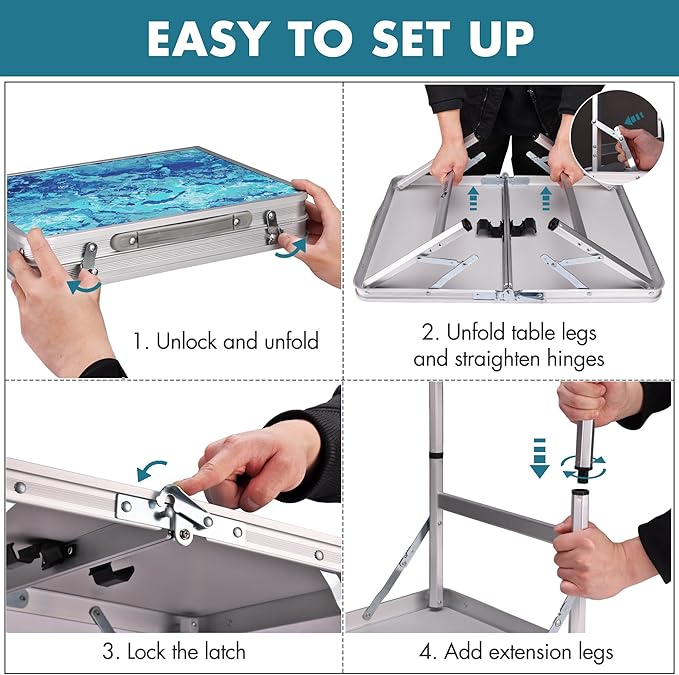 VILLEY Folding Camping Table 2FT, Portable Small Picnic Table with Adjustable Height, Lightweight Aluminum Foldable Table Small Folding Table with Carry Handle for Outdoor Indoor BBQ Hiking Beach