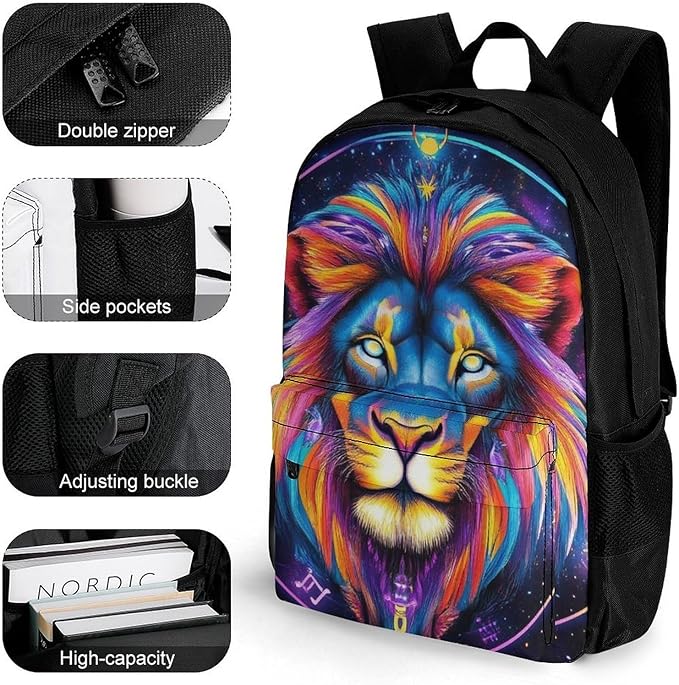 Supdreamc Daypack Bookbag Anti-Theft Multipurpose Large Capacity Bookbag, Trippy Lion Leo Constellation Art Travel Hiking Camping Rucksack With Adjustable Shoulder Straps