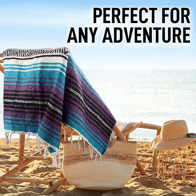 Hydration Nation Authentic Extra Large Mexican Blanket (70"x50") - Handwoven Yoga, Serape- Artisanal Falsa, Beach, Camping, Picnic, Outdoor - Purple Haze