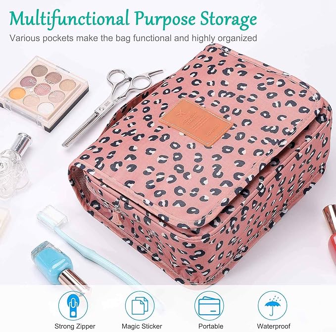 Trawila Travel Hanging Toiletry Bag Cosmetic Bag Makeup Organizers for Men & Women with Sturdy Hook (Leopard print)