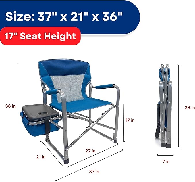 RMS XXL Extra Wide Folding Director Chair – Supports 600lbs Weight - Heavy Duty for Camping, Home Patio and Sports - Portable and Collapsible with Side Table, Cooler and Carrying Bag - Blue