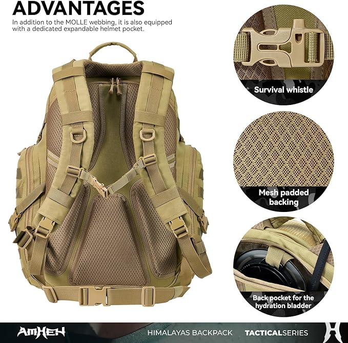 52L Tactical Backpack - 1050D 72 Hour Bug Out, 17" Laptop Compartment, Helmet Pocket and MOLLE for Survival Emergency (Tan)