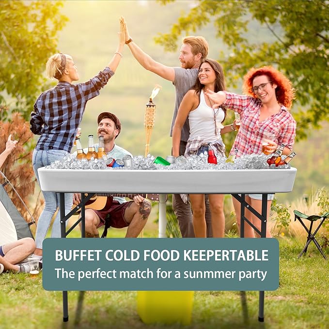 4 Foot Bar Folding Ice Cooler Table with Drain, Portable Tailgate Camp Fishing Cleaning, Foldable Party Chilling Cooler Table Outdoor for Party,BBQ,Camping,Wedding