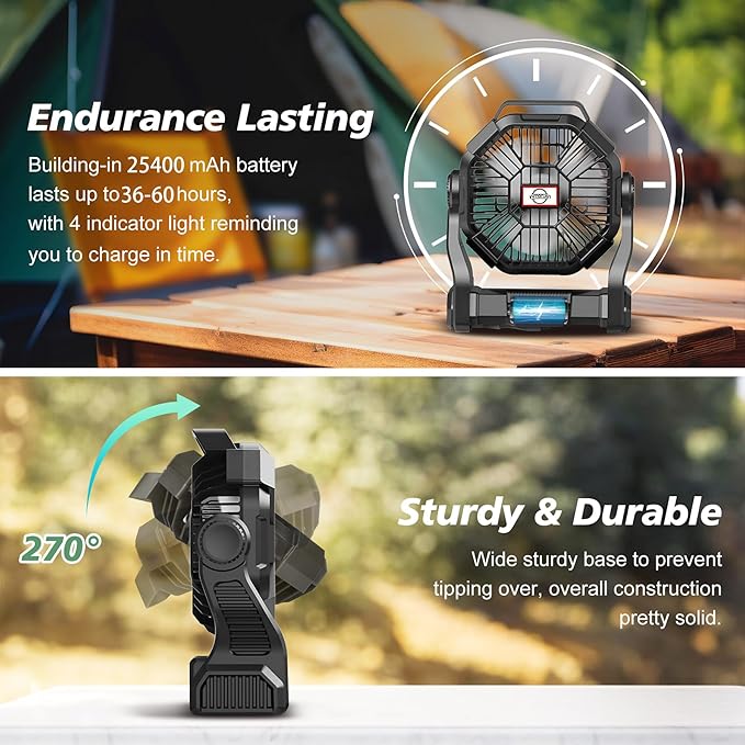Portable Fan Rechargeable, 25400mAh Cordless Battery Powered Fan with LED Lantern, USB C Battery Operated for Travel Bedroom Home Camping Tent Office Beach Desk Fishing Table