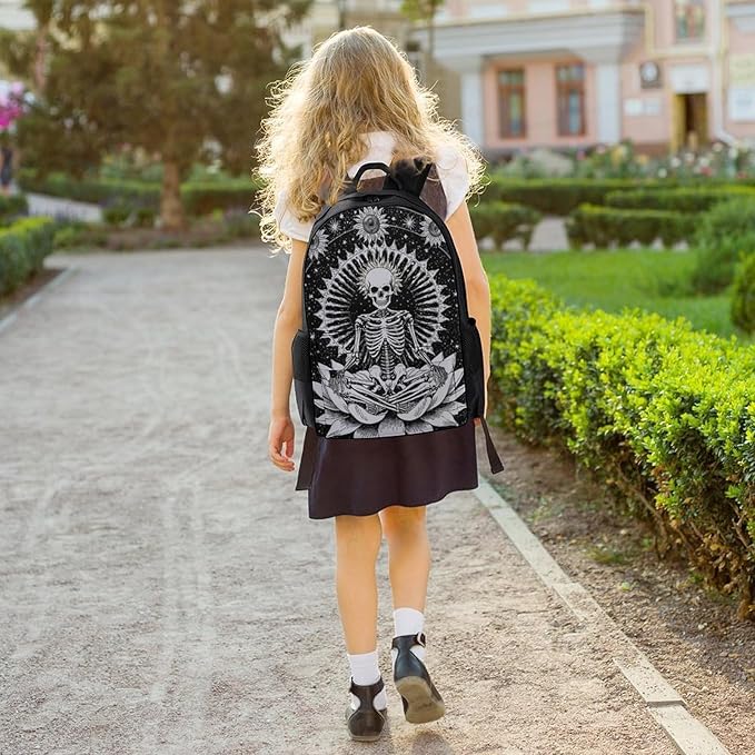 Men Women Polyester Seven Star Meditation Skeleton Skull Black Daypack Bookbag Big Capacity Shoulder Bag With Padded Straps for Climbing Travel Walking Cycling