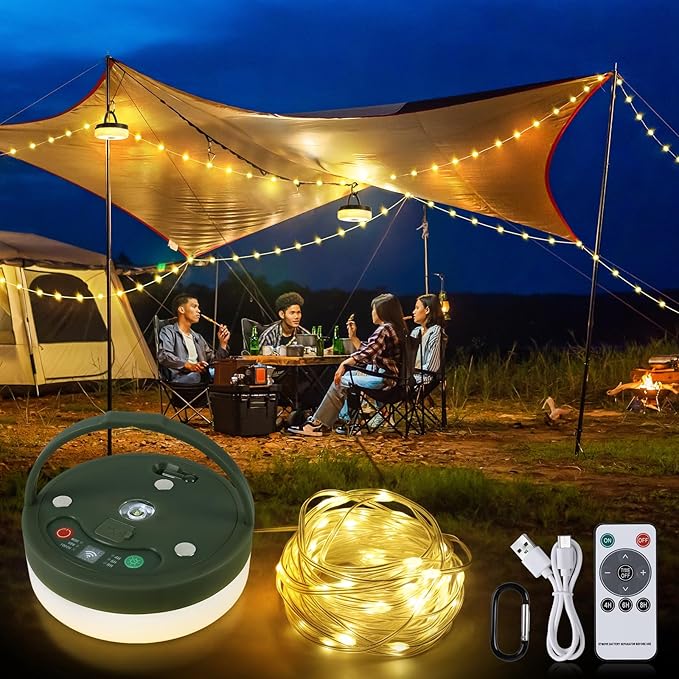 SMY Lighting 3 in 1 Camping String Light Rechargeable(32.8Ft), Warm White Portable Outdoor String Lights, Tent Fairy Lights, Multi-Modes & Brightness,USB RV Awning Lights for Camper, Hiking and Yard