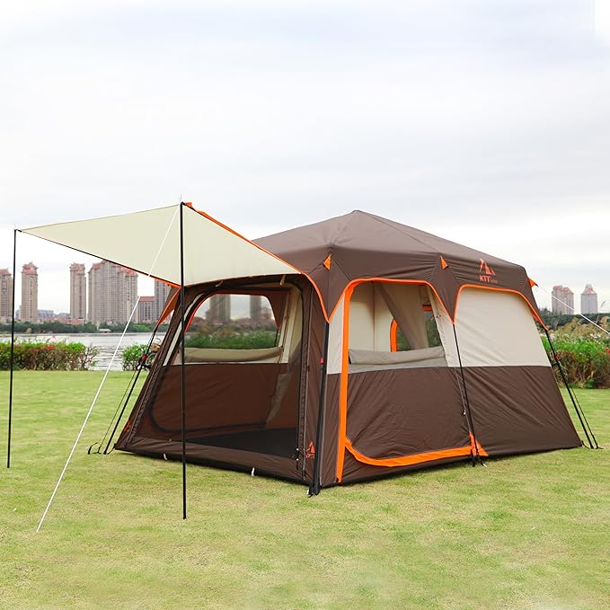 KTT Extra Large Tent 6-10-12-14 Person(B),Family Cabin Tents,2 Rooms,3 Doors and 3 Windows with Mesh,Straight Wall,Waterproof,Double Layer,Big Tent for Outdoor,Picnic,Camping,Family Gathering