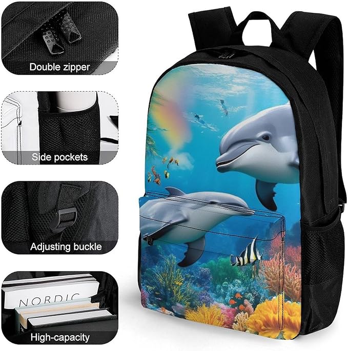Supdreamc Rucksacks Multipurpose Anti-Theft Big Capacity Bookbag, Blue Ocean Underwater World Dolphin Art Travel Hiking Camping Rucksack With Padded Straps