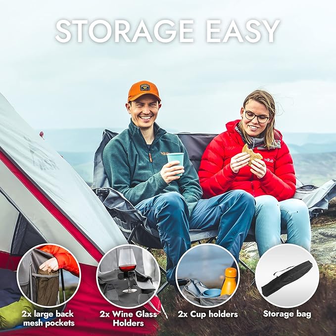Dowinx Double Camping Chair, Oversized Folding Loveseat with Padded Seat, 660lbs Heavy Duty Portable Lawn Chair with Cup Holders, Glass Holders & Back Storage for Adults, Camping, Beach, Picnic - Gray