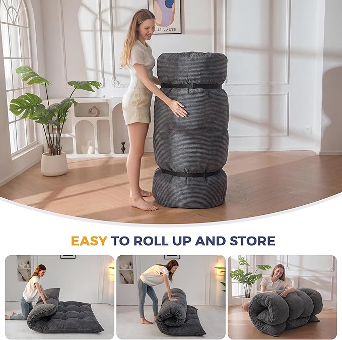 MAXYOYO 6" Japanese Floor Mattress, Foldable Futon Mattress Queen Size, Tufted Roll Up Floor Bed, Thick Tatami Mat Sleeping Pad Portable Lounger for Camping Guest Room Dormitory Bedroom RV, Dark Grey