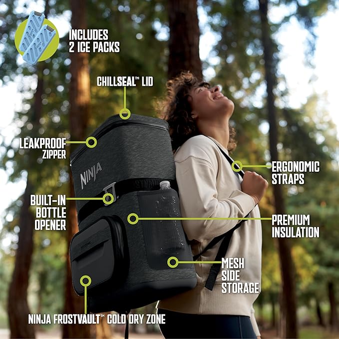 Ninja FrostVault Go Can Soft Cooler, 24/36 Can, Leak Proof, Built-In Cup Holder, 2 Ice Packs & Dry Storage Drawer, Polyester Insulation, Hiking, Camping, Picnic